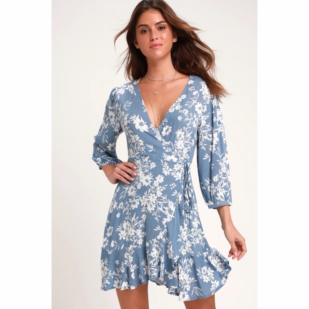 Lulu’s Floral in This Together Dusty Blue Floral Print Wrap Dress